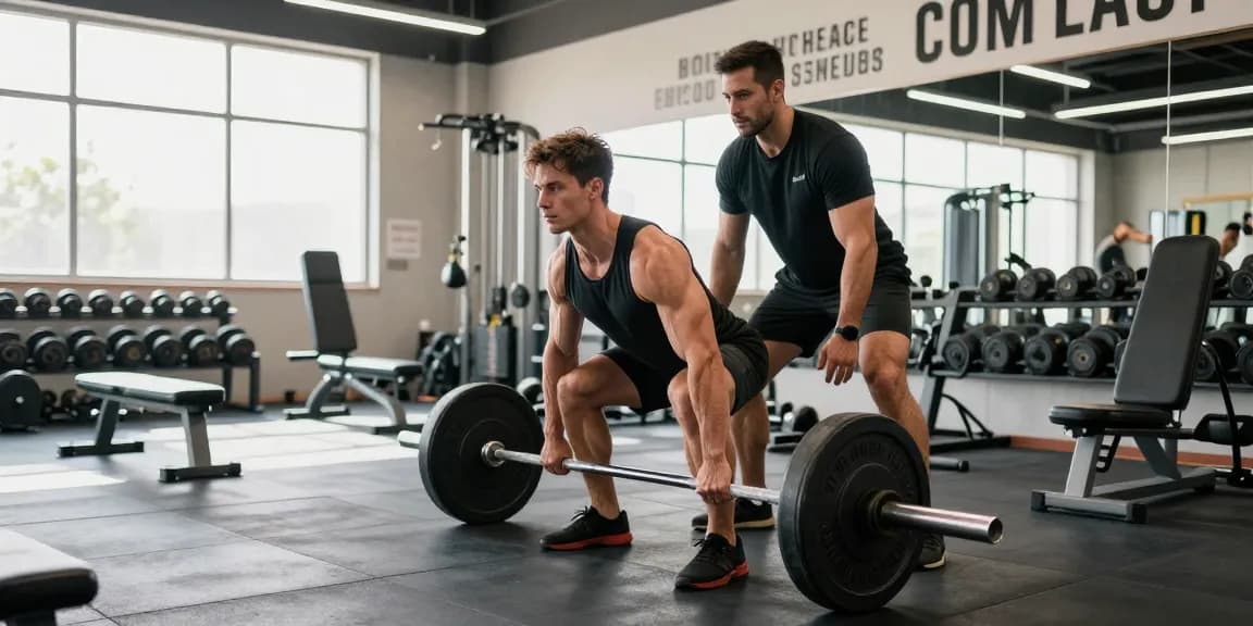 Anabolika Shop: Bodybuilder beim Deadlift-Training in einem modernen Fitnessstudio, motivierende Atmosphäre.