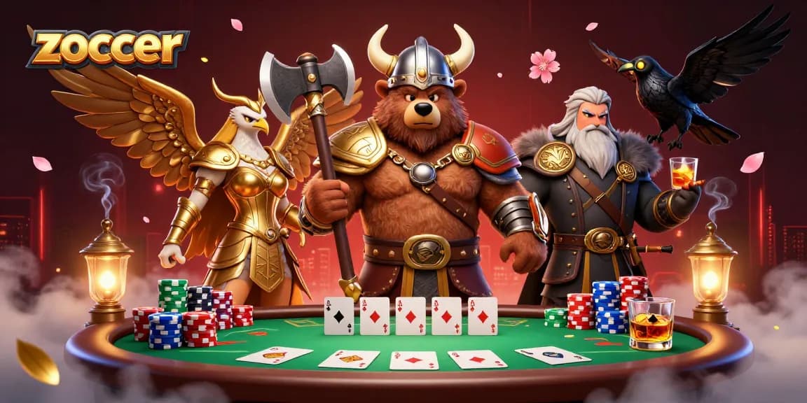 Zoccer inspires players with a vibrant casino scene featuring a Viking bear and Valkyrie amidst poker excitement.