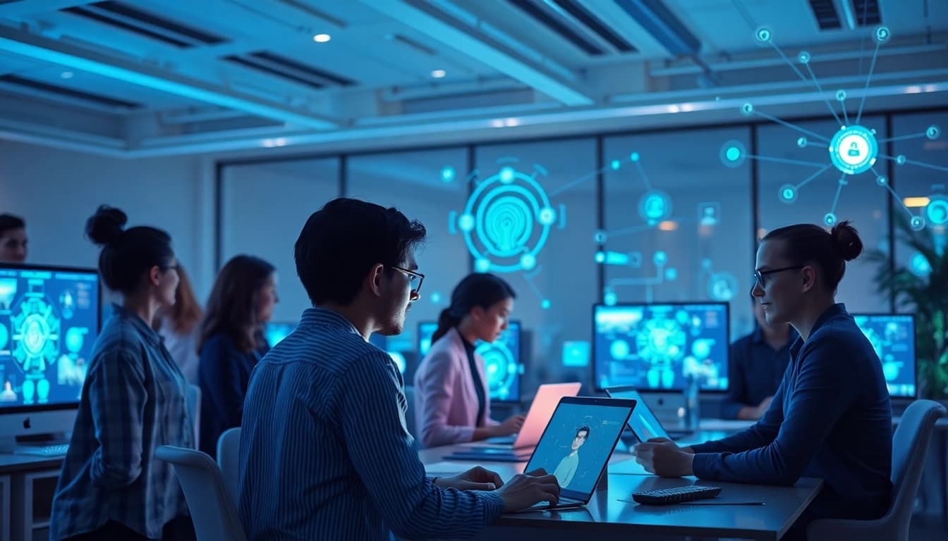 AI 18+ users interact in a futuristic tech workspace with safe, moderated digital environments.