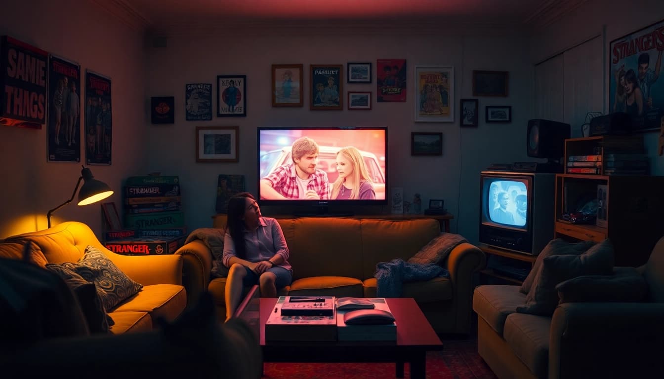 Stranger Things Rezension: Nachdenkliches Paar in einem gemütlichen, nostalgischen Wohnzimmer, das sich an die Serie erinnert.