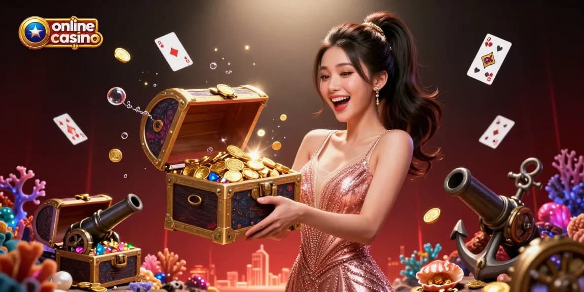 A photorealistic scene of the online casino ohne oasis, featuring a joyful woman presenting a treasure chest of coins and gems.