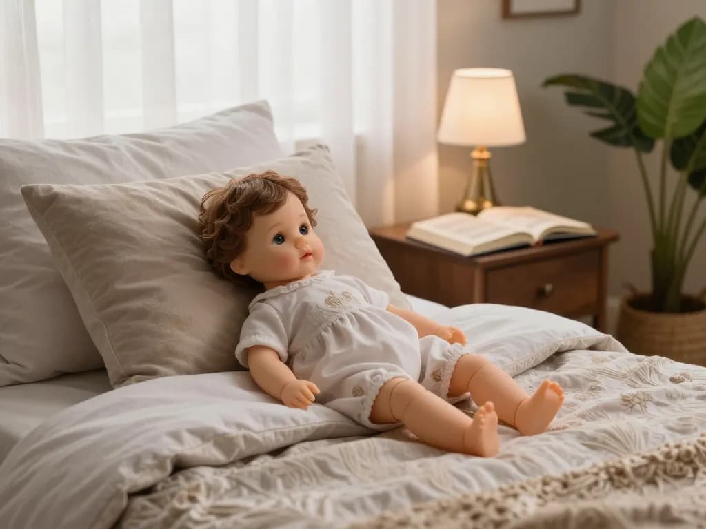 Eine lebensechte Silikondoll, wunderschön in einem stilvollen Schlafzimmer präsentiert, hebt die Merkmale der Beste Sexpuppe mit natürlichem Licht und gemütlicher Dekoration hervor.