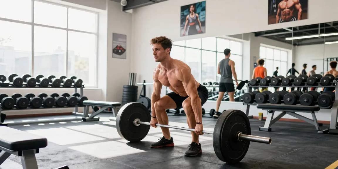Selliza Shop - Athlet beim Gewichtheben in moderner Fitnessstudio-Atmosphäre, umgeben von Trainingsgeräten.