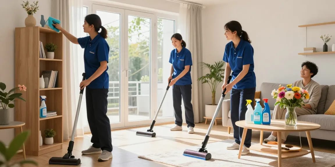 Expert cleaning professionals providing services by reinigungsfirmen in bern in a sunlit residential room.