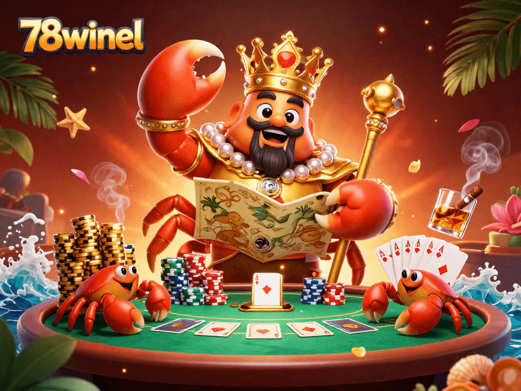 Engage in thrilling gameplay at 78winel with the magnificent golden crab emperor presiding over a vibrant poker scene.