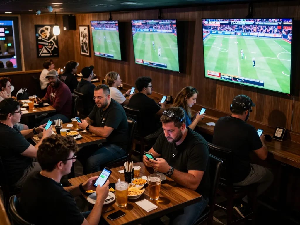 Engaging sports betting scene at 789betpa with friends using apps while watching live games