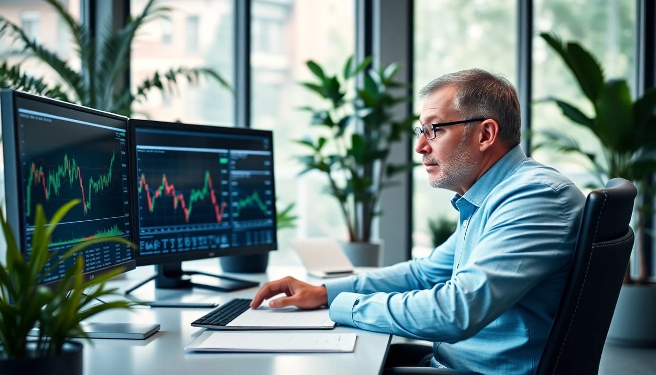 Muster Aktien Analyse im Einsatz – Finanzanalyst überprüft Börsendaten in modernem Büro.