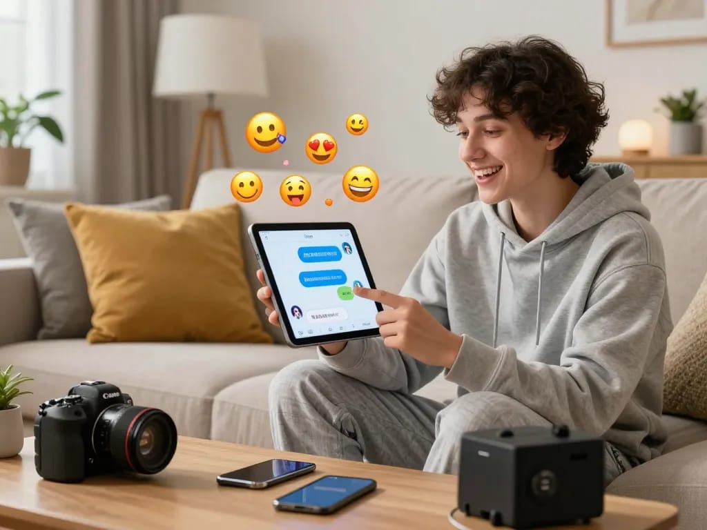 Interactive user engaging with a playful NSFW chat bot on a tablet in a cozy living room setting.