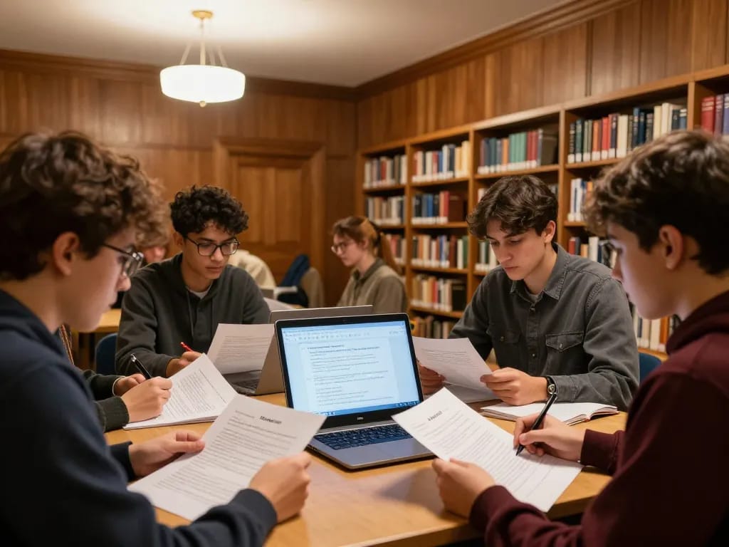 Students using KI Detektor Uni on a laptop in an elegant library setting.