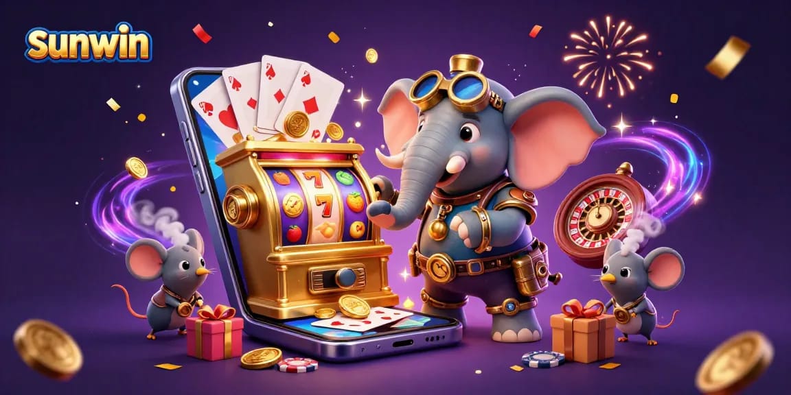 Engage with the exciting world of sunwin casino featuring a steampunk elephant at a slot machine among colorful game elements.