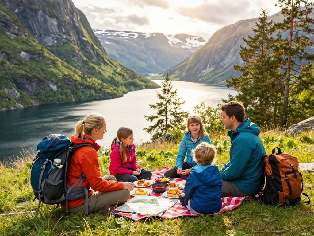 Familie genießt ein Picknick an einem norwegischen Fjord während der Erkundung von Reisetipps Skandinavien.
