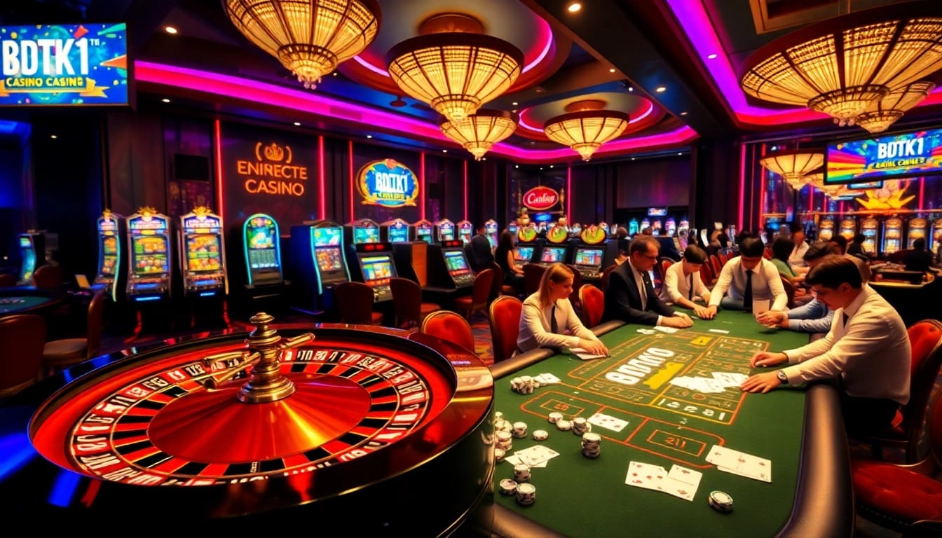 A thrilling scene of a casino with poker chips and cards, highlighting BDTK1 gaming elements.