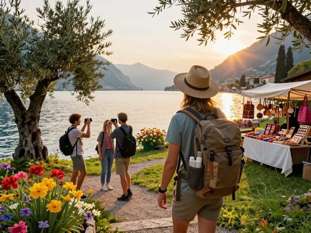Gardasee Reisetipps: Malerischer Reisender wandert am Gardasee und erfasst die Schönheit der Natur.