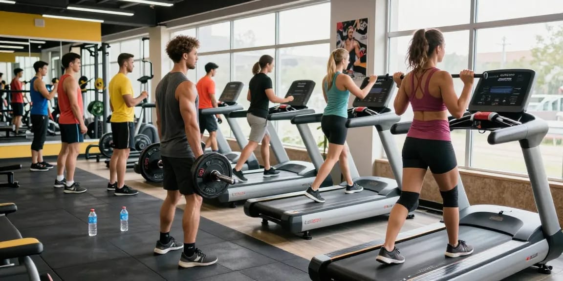 Medi Pharma Steroid Shop - Aktive Fitness-Enthusiasten im modernen Fitnessstudio, die Gewichte heben und Cardio machen.