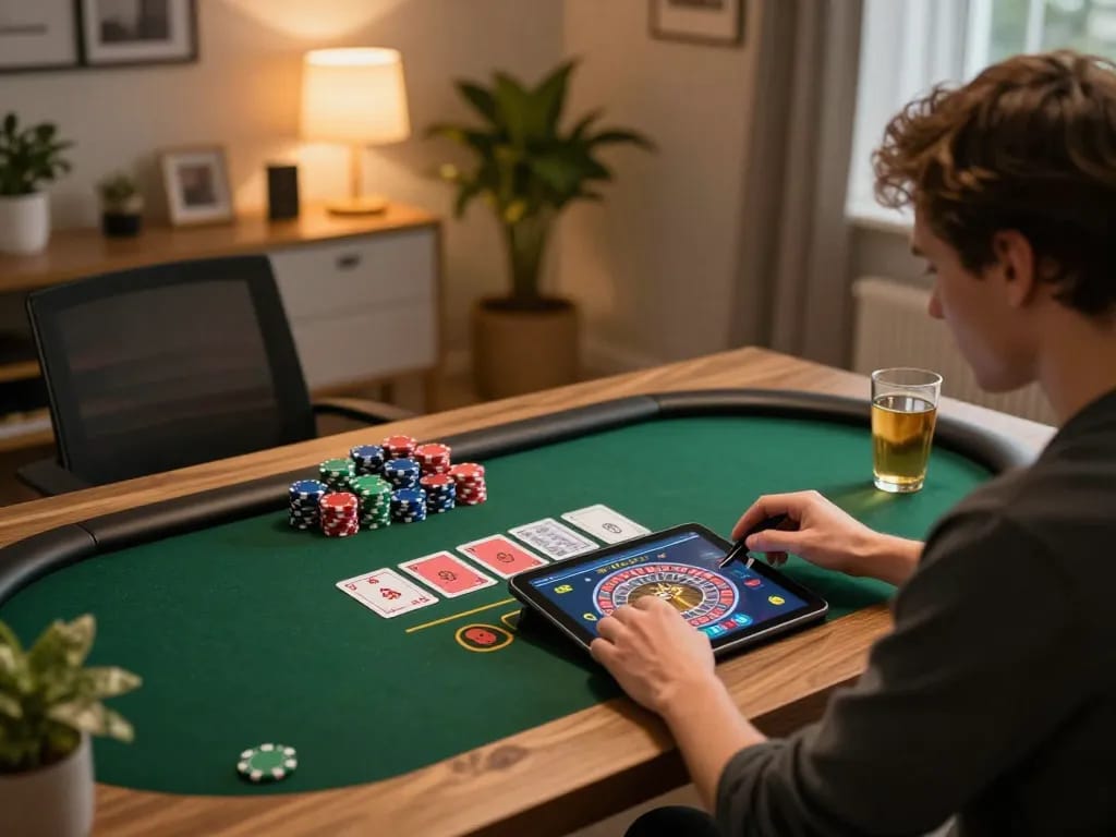 Player enjoying cm88 live dealer roulette on tablet at a cozy home office setup