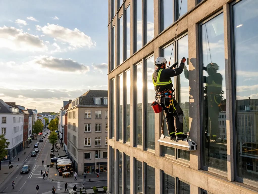 Glasreinigung in Münster durch einen professionellen Fensterreiniger, der funkelnd saubere Fenster mit urbanem Hintergrund präsentiert.