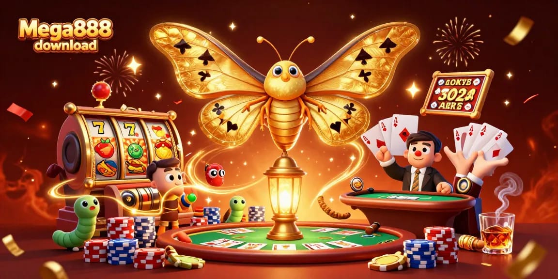 Experience mega888 download with vibrant casino scenes featuring a cartoon atlas moth and golden elements.
