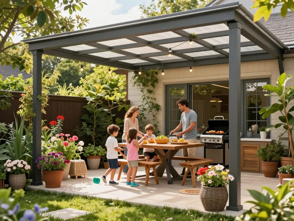 Zeit mit Familie unter einer stilvollen Terrassenüberdachung in einer lebhaften Gartenumgebung genießen.