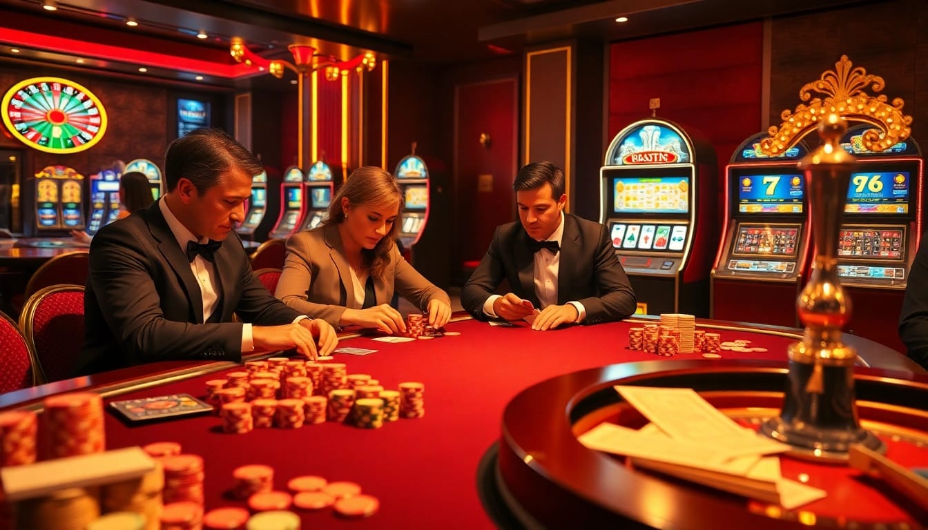 Players engaged in a high-stakes game at a luxurious casino table with jl55 one branded chips.