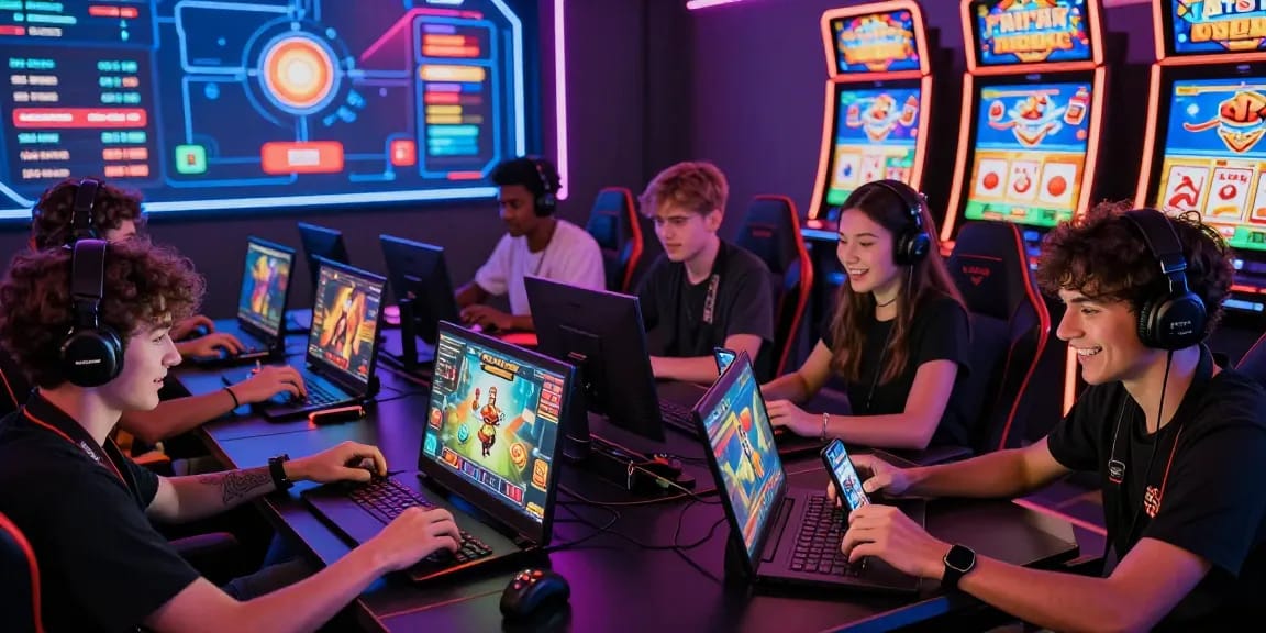 Engaging scene of online gaming enthusiasts at https://gemwin.pics/ showcasing diverse players enjoying card and jackpot games on smartphones and laptops in a vibrant, neon-lit atmosphere.