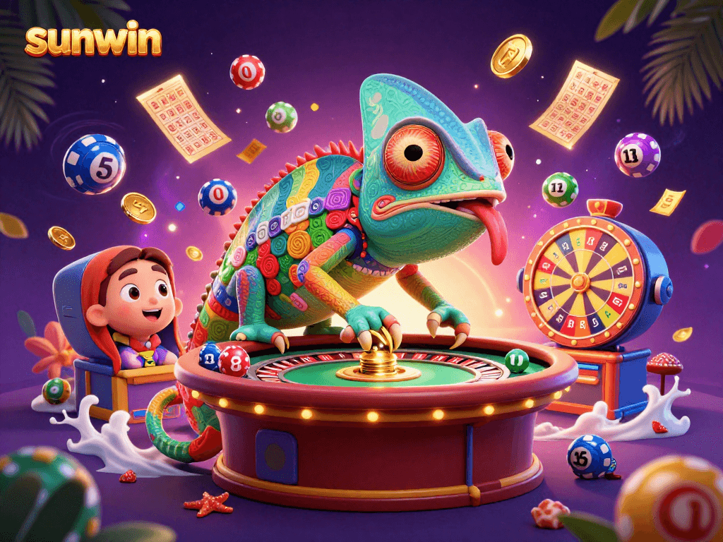 Experience the thrill of sunwin casino with a vibrant chameleon watching games and golden tickets.