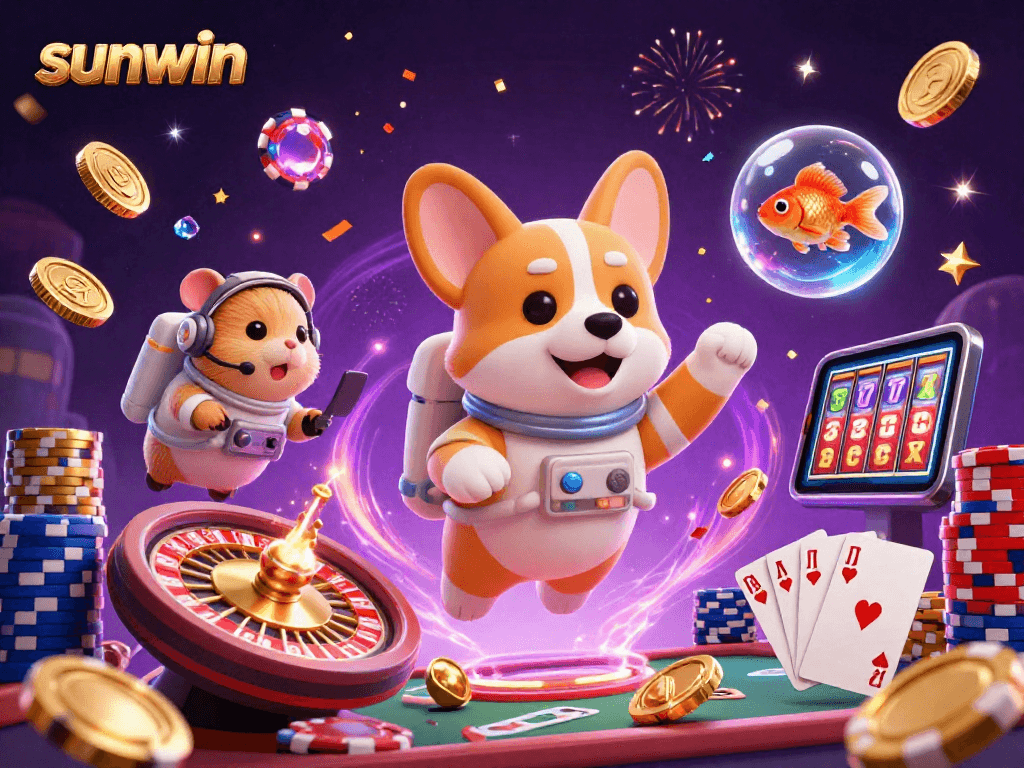 Engage with sunwin in a vibrant space station casino scene featuring a cartoon astronaut corgi and golden poker chips.