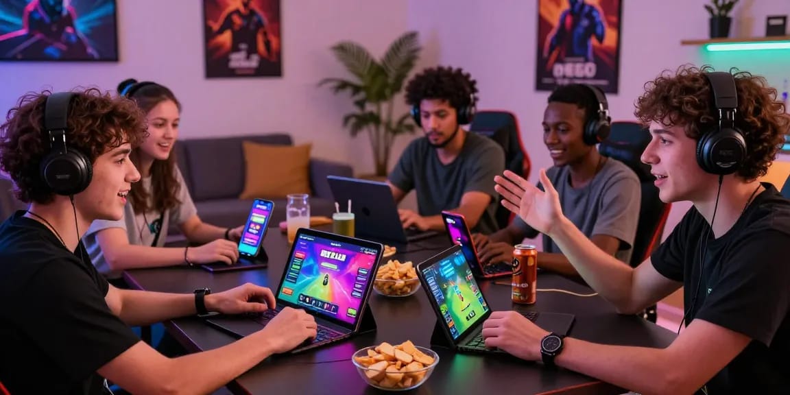 A lively gaming session featuring friends playing on https://b52club.radio.fm/ in a modern living room.