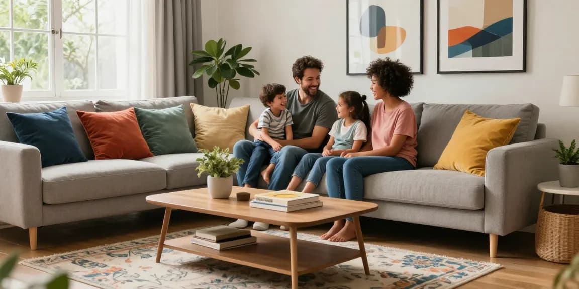Entdecken Sie stilvolle Möbel für Ihr Zuhause, während Sie mit einer lächelnden Familie, die ein gemütliches Wohnzimmer genießt, Möbel günstig kaufen.