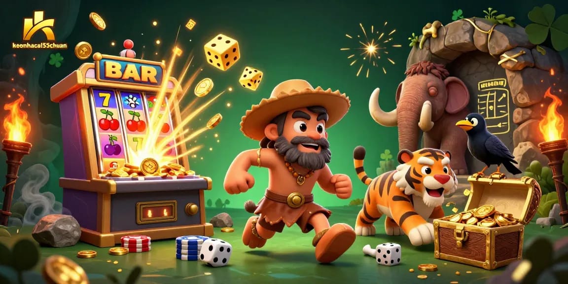 Experience the excitement of keonhacai55chuan with a thrilling prehistoric casino scene capturing dynamic gameplay.
