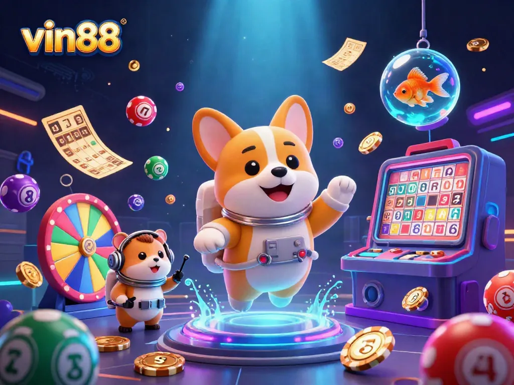 Experience the excitement of vin88 with a cartoon astronaut corgi in a futuristic casino.