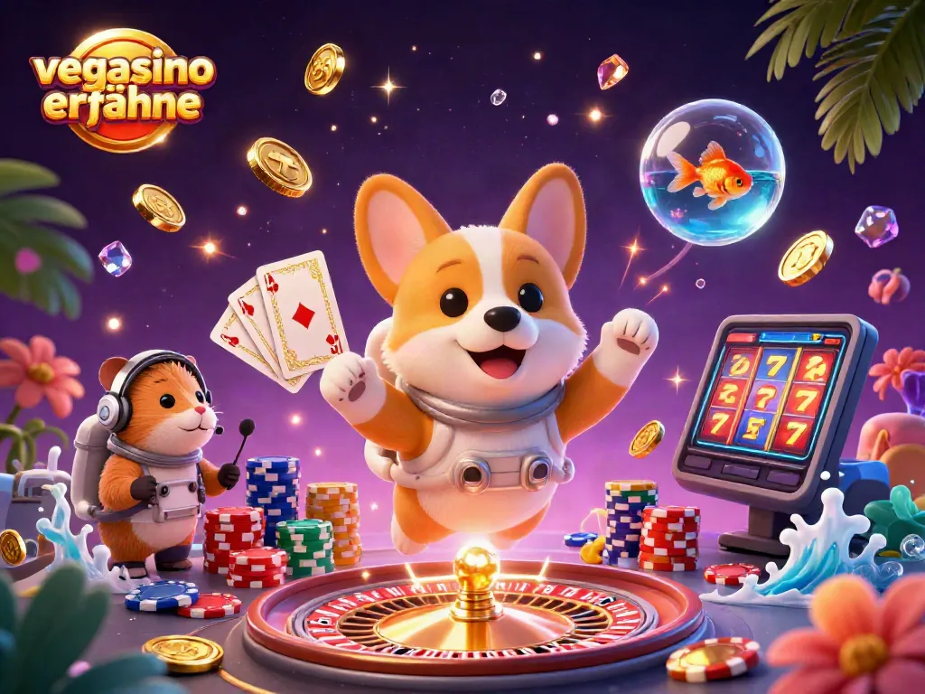 Experience the thrill of vegasino erfahrungen in a vibrant casino scene with an astronaut corgi and a mission-control hamster.
