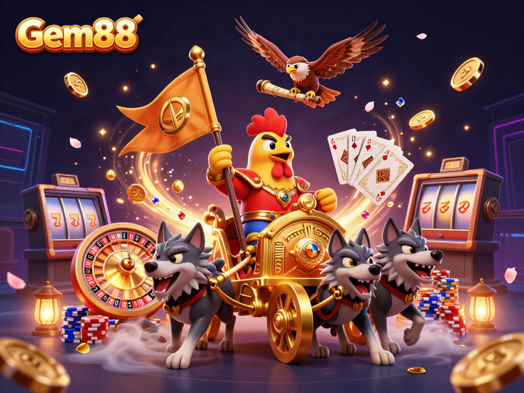 Gem88 features a thrilling casino scene with a rooster warlord and golden chariot, surrounded by dynamic gaming elements.