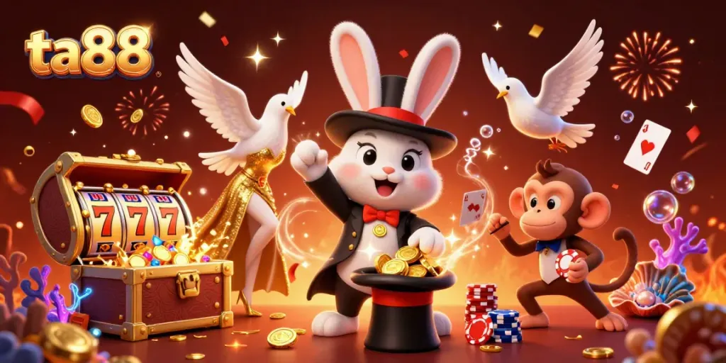 Join the action at ta88 with a vibrant scene featuring a magician rabbit, a dove, and a playful monkey surrounded by casino-themed elements.