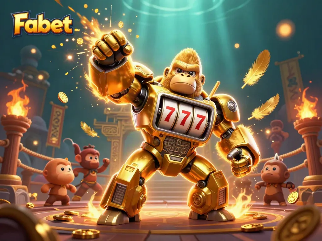 Fabet's gorilla mech triumphs in a vibrant casino scene filled with golden coins and excitement.