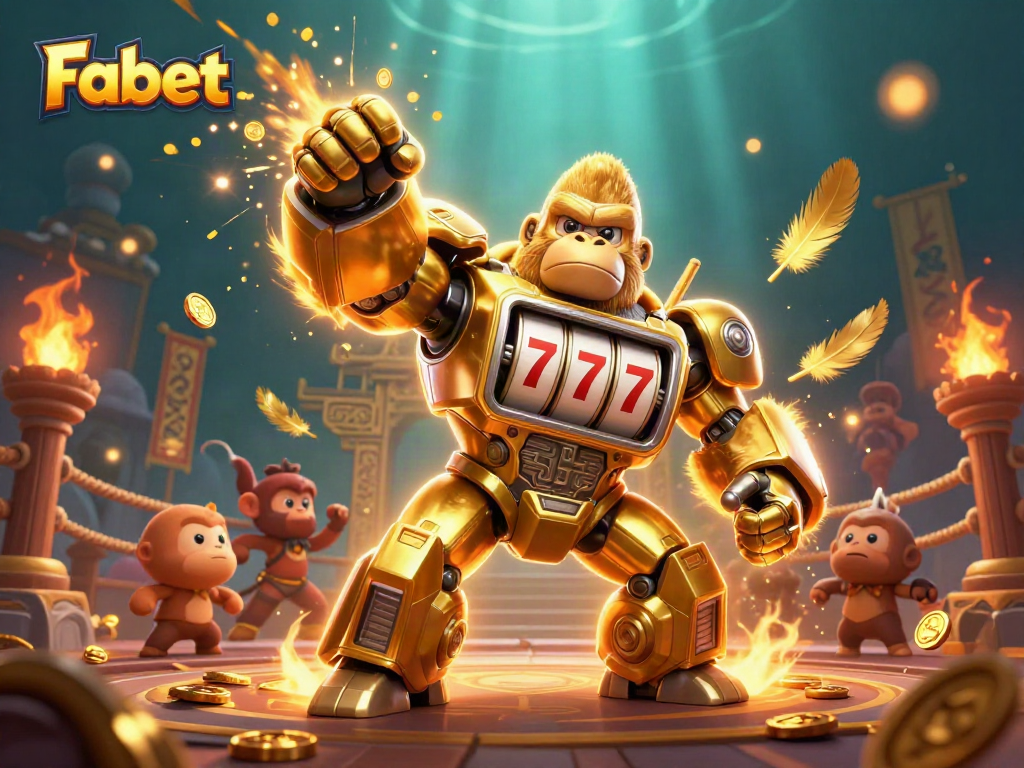 Fabet's gorilla mech triumphs in a vibrant casino scene filled with golden coins and excitement.
