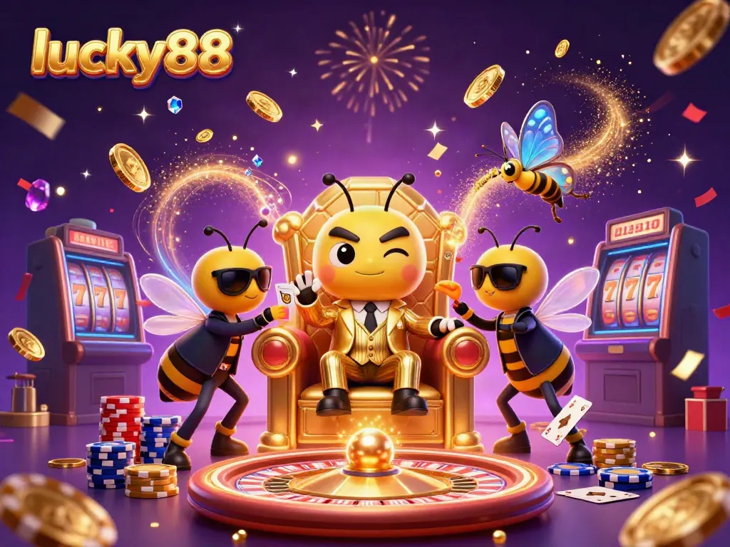Experience the excitement of lucky88 in this vibrant 3D digital casino illustration showcasing games and characters.