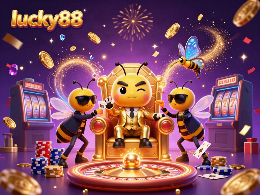 Experience the excitement of lucky88 in this vibrant 3D digital casino illustration showcasing games and characters.