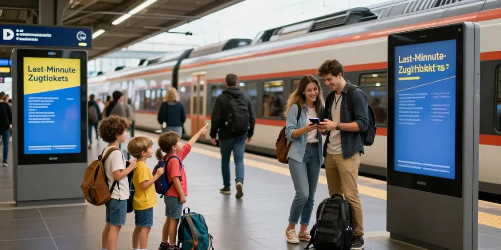 Reisende am Bahnhof freuen sich über Last-Minute-Zugtickets-Angebote.