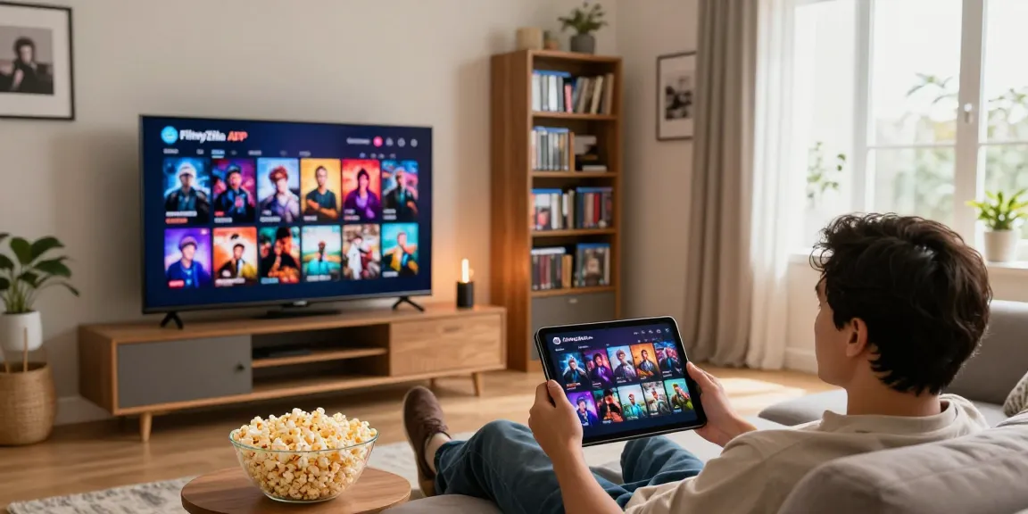 Enjoying movies on FilmyZilla APK in a cozy living room setting.