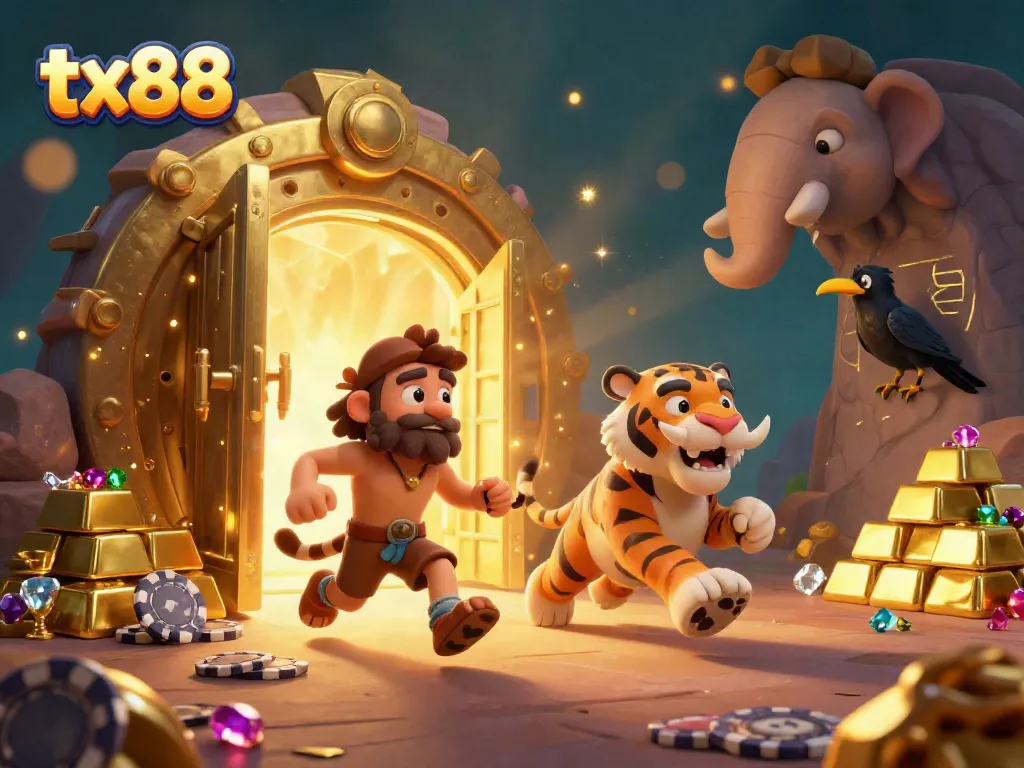 Experience the excitement of tx88 at a prehistoric casino with cavemen, tigers, and treasures!