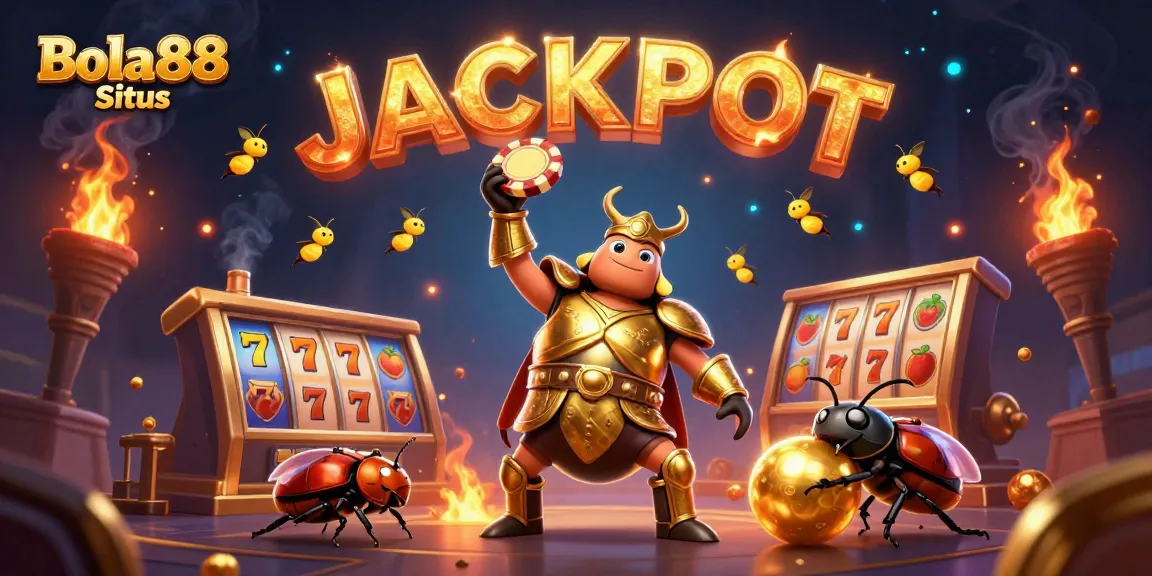 Spin the reels of excitement with Bola88 Situs, featuring dynamic characters in a vibrant casino setting.