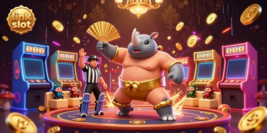 Experience excitement with link slot featuring a 3D rhinoceros beetle sumo champion amidst flying coins.