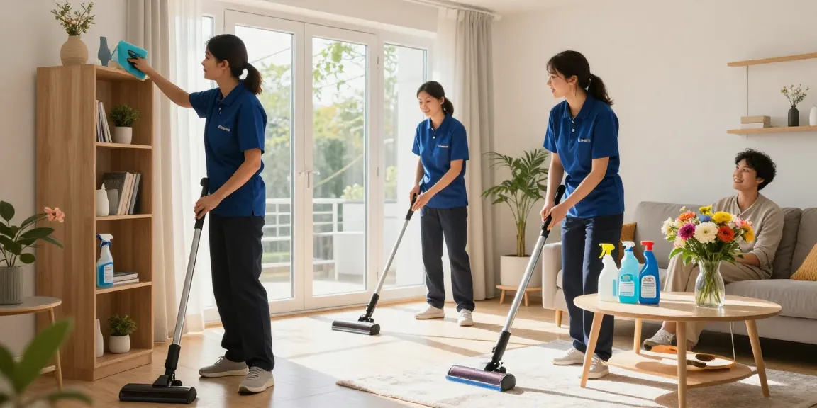 Expert cleaning professionals providing services by reinigungsfirmen in bern in a sunlit residential room.