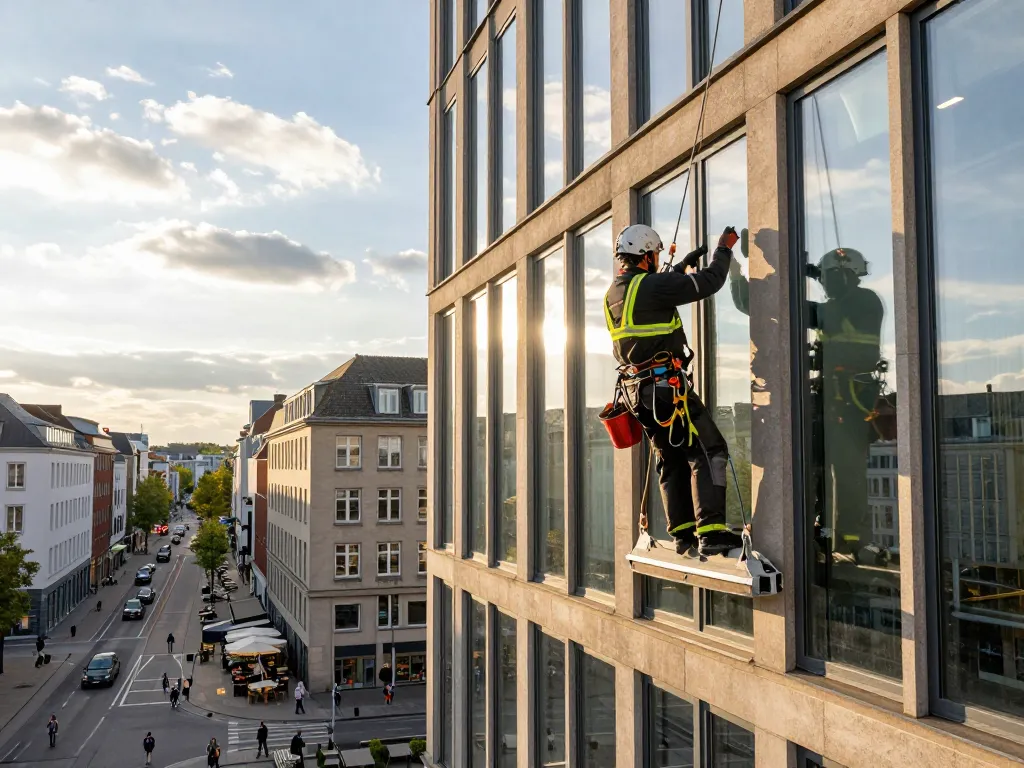 Glasreinigung in Münster durch einen professionellen Fensterreiniger, der funkelnd saubere Fenster mit urbanem Hintergrund präsentiert.