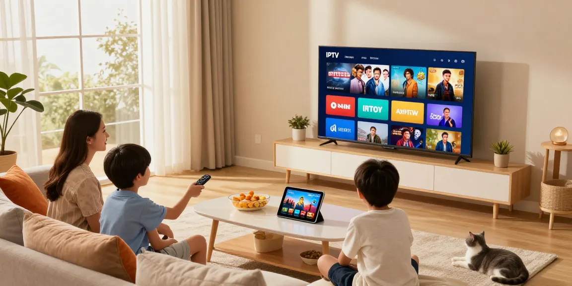 Moderne IPTV Unterhaltungsszene mit Familie, die gemeinsam mit ip tv smart Inhalte auf dem Smart-TV schaut.