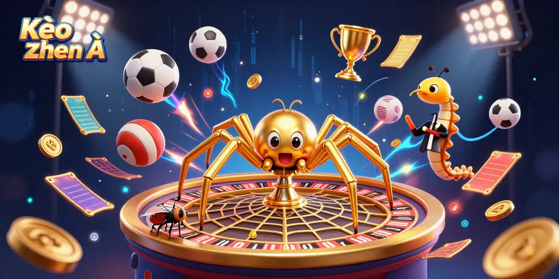 Kèo Châu Á themed illustration of a spider croupier and a fly betting amidst sports elements and dynamic energy.