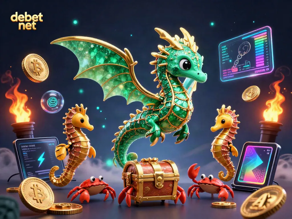 Engage with dynamic gaming at debet net featuring a cartoon sea dragon and crypto coins.
