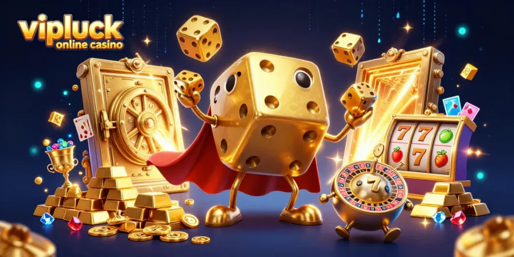 Experience gaming excitement with the vipluck online casino featuring vibrant golden elements and slot symbols.