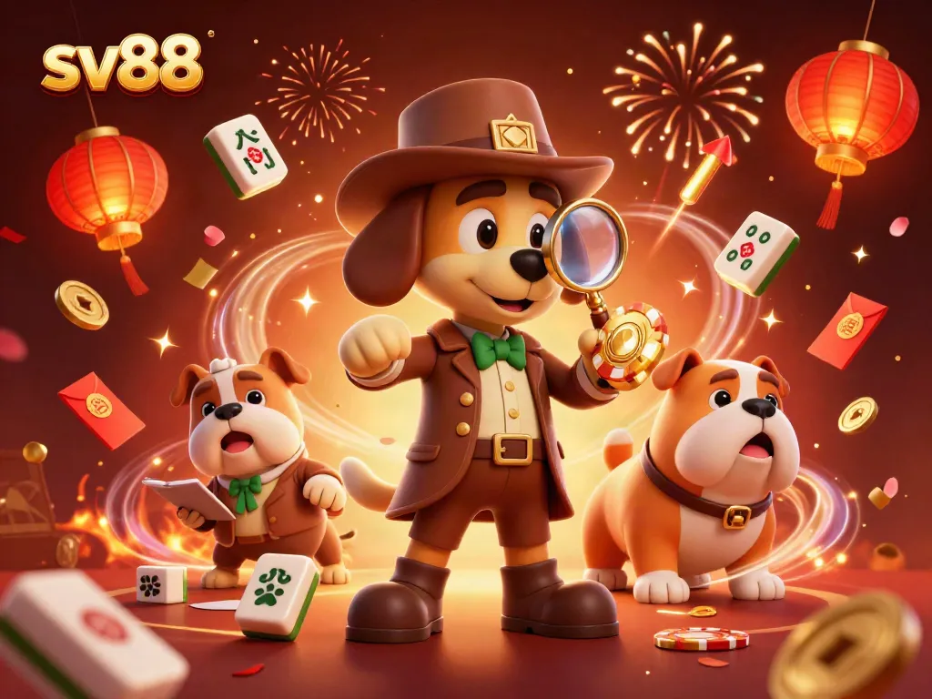Detective bloodhound examining sv88 poker chip clue with festive elements in dynamic casino scene.