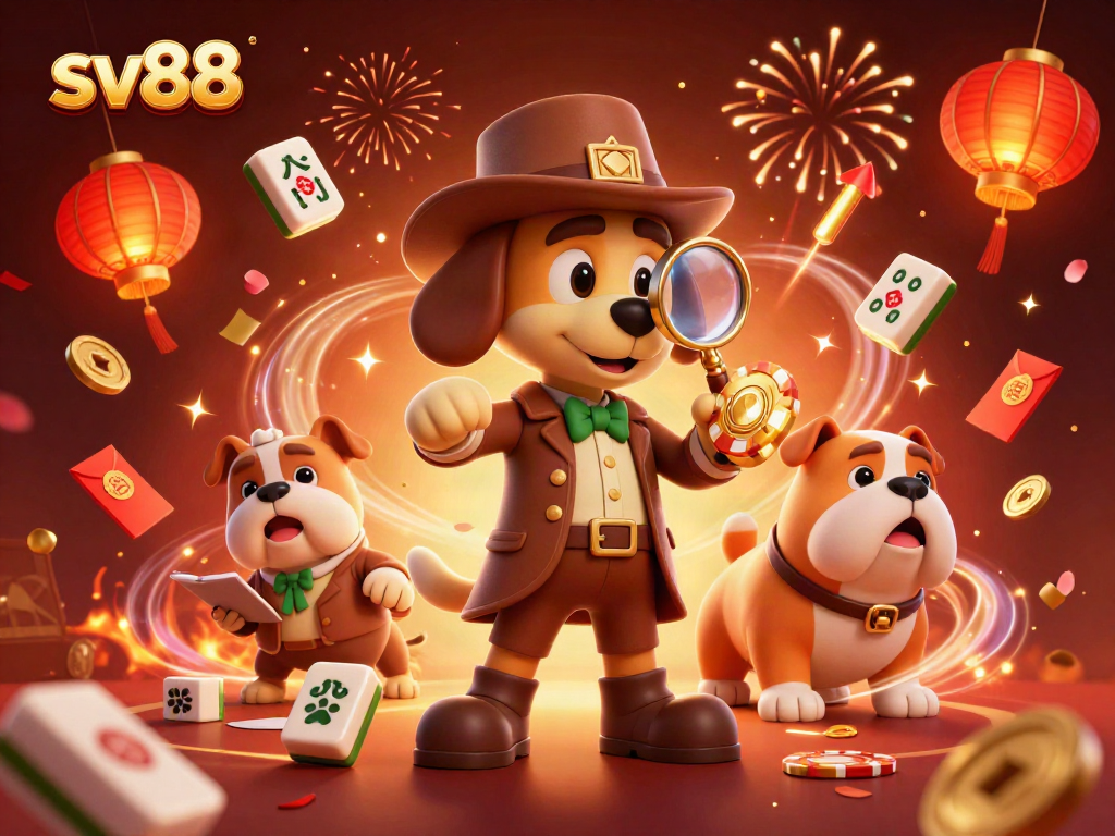 Detective bloodhound examining sv88 poker chip clue with festive elements in dynamic casino scene.